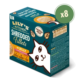 Lily's Kitchen Shredded Fillets in Jelly cat food box, 8 packs, chicken with salmon and chicken, complete nutrition.