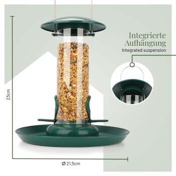 Ein grüner Vogelhaus mit einem klaren zylindrischen Futterbehälter und Aufhängesystem. Abmessungen: 23 cm Höhe, 21,5 cm Durchmesser.