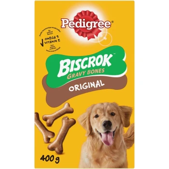 Emballage de Pedigree Biscrrok Gravy Bones Original, avec un fond jaune, trois friandises en forme d'os, et l'étiquette "400 g."