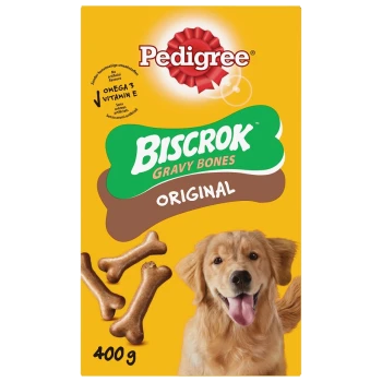 Emballage de Pedigree Biscrrok Gravy Bones Original, avec un fond jaune, trois friandises en forme d'os, et l'étiquette "400 g."
