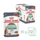 Royal Canin Digestive Care cat food, 85g pouch, 12-pack. Features a cat image, claims to support healthy digestion, and 95% stool quality in 10 days.