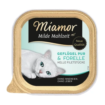Miamor Katzenfutterverpackung mit einer weißen Katze mit blauen Augen, beschriftet mit "Geflügel pur & Forelle" und "Milde Mahlzeit."