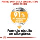 Image promouvant un produit de soin pour chiens avec le texte : "Prenez soin de la sensibilité de votre chien," et un badge indiquant "91% satisfaits après 2 mois."