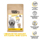 Packung DOGS'n TIGER Hundefutter 'Federtanz' mit Hundefoto; 'Saftiges Huhn & Ente mit Gemüse', 67% Fleisch.
