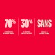 Graphique rouge : 70 % d'ingrédients d'origine animale ; 30 % de légumes, fruits et plantes ; SANS céréales ni pommes de terre