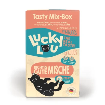 Nassfutter Katze Adult Tasty Mix-Box 6x125 g Leckere Mix-Box für erwachsene Katzen von Lucky Lou, mit 4 Sorten in 6 Beuteln, mit 96% Fleischgehalt, getreidefrei und ohne Zuckerzusatz.
