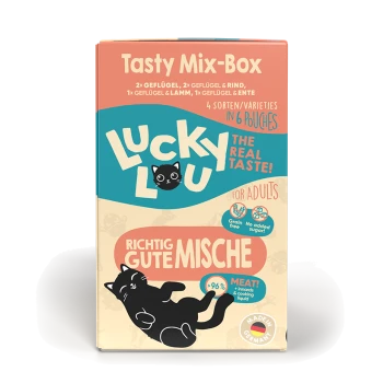 Smaczna Mix-Box dla dorosłych kotów od Lucky Lou, zawierająca 4 rodzaje w 6 saszetkach, z 96% zawartością mięsa, bez zbóż i bez dodatku cukru.