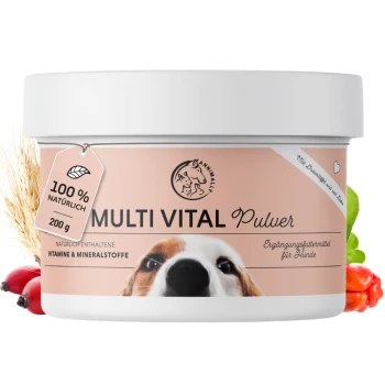 Behälter von "Multi Vital Pulver" für Hunde, beschriftet mit 100% natürlich, enthält Vitamine und Mineralien, mit dem Gesicht eines Hundes auf der Vorderseite.
