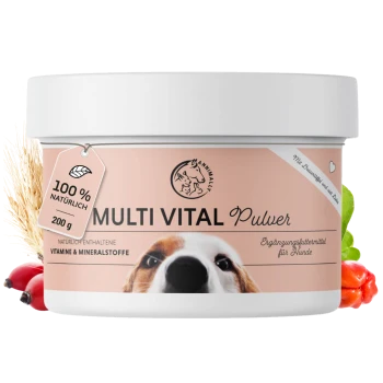 Behälter von "Multi Vital Pulver" für Hunde, beschriftet mit 100% natürlich, enthält Vitamine und Mineralien, mit dem Gesicht eines Hundes auf der Vorderseite.
