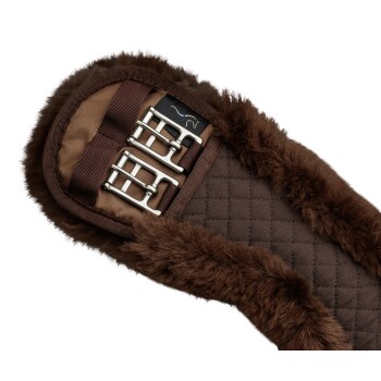 Braunes Haustiergeschirr mit weichem Futter und Metallverschlüssen, mit einem gesteppten Design.