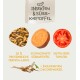 Haustierfutterprodukt mit Insekten und Süßkartoffeln, das 52% Protein, Süßkartoffeln, reife Tomaten und Chicorée-Wurzel hervorhebt.