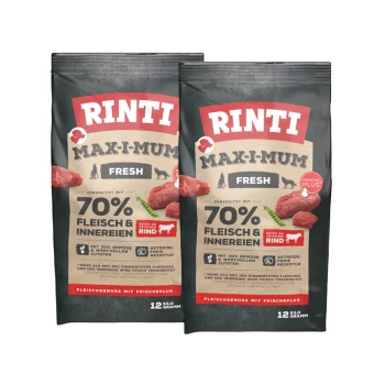 Zwei Beutel Rinti Max-I-Mum Fresh Hundefutter, mit 70% Fleisch und Innereien, mit Text, der Zutaten und ernährungsphysiologische Vorteile hervorhebt.