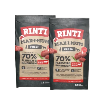 Zwei Beutel Rinti Max-I-Mum Fresh Hundefutter, mit 70% Fleisch und Innereien, mit Text, der Zutaten und ernährungsphysiologische Vorteile hervorhebt.
