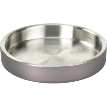 Stainless steel pet food bowl with a smooth, shiny interior and a matte exterior, designed for durability and easy cleaning.
