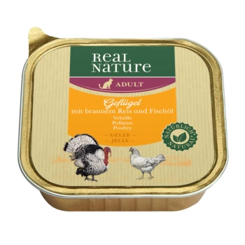 Dose mit Real Nature Adult Haustierfutter, das Geflügel mit braunem Reis und Fischöl enthält. Enthält Bilder von einem Truthahn und einem Huhn.