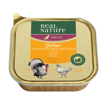 Dose mit Real Nature Adult Haustierfutter, das Geflügel mit braunem Reis und Fischöl enthält. Enthält Bilder von einem Truthahn und einem Huhn.