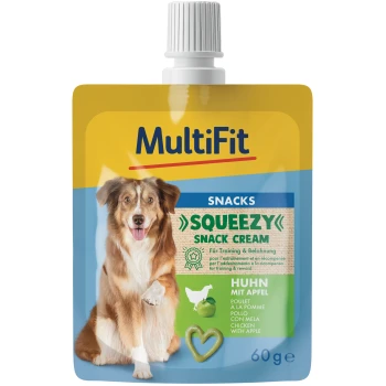 MultiFit Squeezy Snack Cream pouch for dogs, chicken with apple flavor, picture of happy dog, 60 g