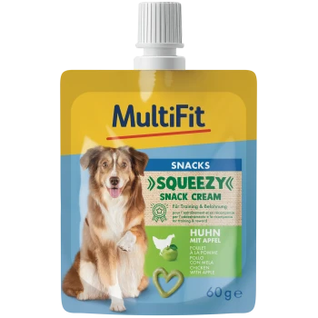 MultiFit Squeezy Snack Cream pouch for dogs, chicken with apple flavor, picture of happy dog, 60 g