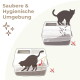 Illustration einer überdachten Katzentoilette mit zwei Katzensilhouetten, die Streu verteilen (rotes X), Funkelsymbole, Text 'Saubere & Hygienische Umgebung'.
