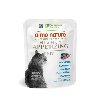 Almo Nature Highly Appetizing HFC Makrelen-Katzenfutterbeutel mit Katzenbild und Text in mehreren Sprachen.