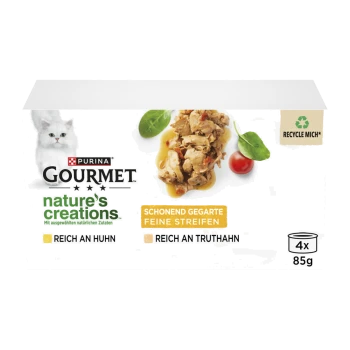 Boîte Purina Gourmet pour chats 4 x 85 g, chat blanc, morceaux effilochés de poulet/dinde ; texte « Délicats filets cuits en douceur » et « Recyclez‑moi ».