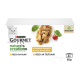 Purina Gourmet Katzenfutterkarton 4×85 g, weiße Katze, zarte Streifen Huhn/Pute, Text ‚Schonend gegarte feine Streifen‘ und ‚Recycle mich‘.