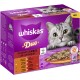 Opakowanie karmy dla kotów Whiskas Duo pokazuje szarego kota tabby i "Klasyczne Kombinacje" z smakami: jagnięcina, kurczak, kaczka, wątróbka, indyk i wołowina.