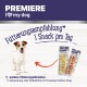 Bild zur Werbung von PREMIERE Hundesnacks, das eine Hundesilhouette und den Text "1 Snack pro Tag" neben zwei Chew Snacks-Paketen zeigt.