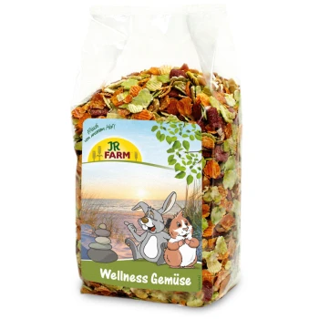 Przezroczysta torebka JR FARM 'Wellness Gemüse' z rysunkami królika i świnki morskiej oraz suszonymi płatkami warzyw.