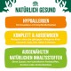 Hypoallergene Haustierfutter-Werbung, die hervorhebt: "Hypoallergen für empfindliche Haustiere", "Komplett & Ausgewogen", "Natürliche Inhaltsstoffe."