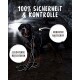 Ein Rottweiler in einem Geschirr steht nachts neben einem Auto, mit Text: "100% Sicherheit & Kontrolle," "Robuster Haltegriff," "Leuchtende Reflektoren."