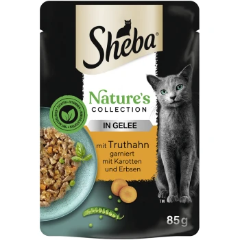 Sheba Nature's Collection 85g Katzenfutterbeutel mit Truthahn in Gelee, Karotten und Erbsen, gekennzeichnet mit einem grünen Siegel für natürliche Zutaten.