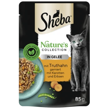 Sheba Nature's Collection 85g Katzenfutterbeutel mit Truthahn in Gelee, Karotten und Erbsen, gekennzeichnet mit einem grünen Siegel für natürliche Zutaten.