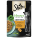 Pochette de nourriture pour chat Sheba Nature's Collection 85g avec dinde en gelée, carottes et pois, marquée d'un sceau vert pour les ingrédients naturels.