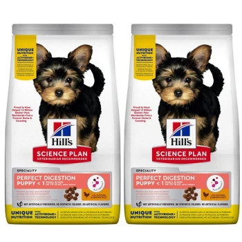 Zwei Säcke Hill's Science Plan Hundefutter für Welpen, mit einem kleinen schwarz-braunen Welpen auf der Vorderseite, beschriftet mit "Perfekte Verdauung."