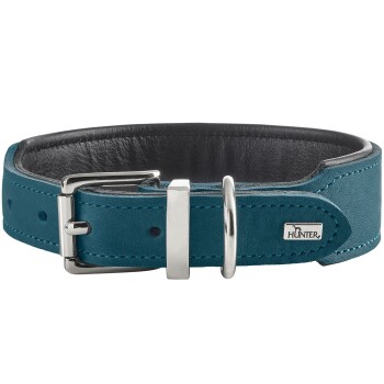 Türkis gepolstertes Lederhalsband mit schwarzer Einlage, silberner Schnalle und D-Ring, Metallanhänger mit der Aufschrift 'HUNTER'.
