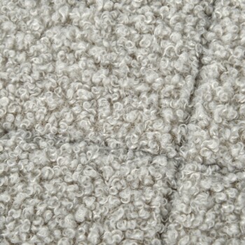 Close-up of soft, curly gray fabric, resembling plush pet bedding or a cozy blanket.