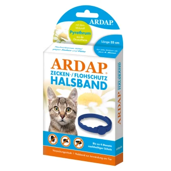Verpackung für den ARDAP Floh- und Zeckenhalsband für Katzen, mit dem Gesicht einer Katze, einem blauen Halsband und dem Hinweis, dass der Schutz bis zu 4 Monate anhält.