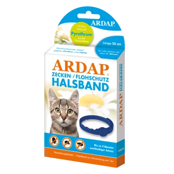 Verpackung für den ARDAP Floh- und Zeckenhalsband für Katzen, mit dem Gesicht einer Katze, einem blauen Halsband und dem Hinweis, dass der Schutz bis zu 4 Monate anhält.