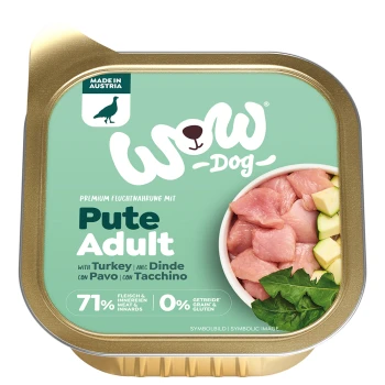 Nourriture humide pour chien adulte WoW Dog à la dinde avec 71 % de viande et abats, sans céréales ni gluten, fabriquée en Autriche.