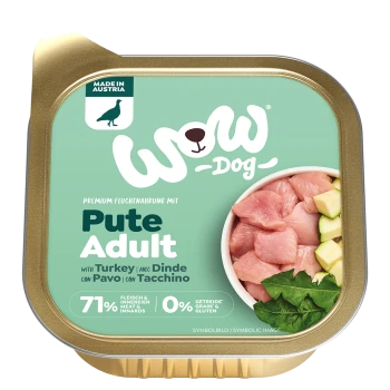 Nourriture humide pour chien adulte WoW Dog à la dinde avec 71 % de viande et abats, sans céréales ni gluten, fabriquée en Autriche.