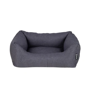 Grau Haustierbett mit erhöhten Seiten und weichem Innenraum, mit einem kleinen Logoetikett an der Seite.