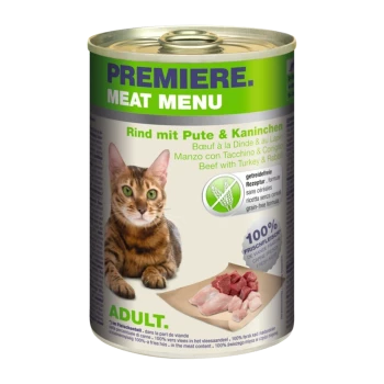 Dose Katzenfutter mit einer getigerten Katze auf dem Etikett, mit "Premiere Meat Menu" und "Rind mit Truthahn & Kaninchen" in mehreren Sprachen.