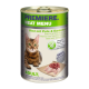 Dose Katzenfutter mit einer getigerten Katze auf dem Etikett, mit "Premiere Meat Menu" und "Rind mit Truthahn & Kaninchen" in mehreren Sprachen.