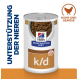 Hill's Prescription Diet k/d Dosenfutter für Haustiere zur Nierenunterstützung, mit Huhn und Gemüse, mit dem Text "Unterstützung der Nieren."