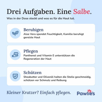 Eine Person wickelt den Pfoten eines Hundes mit einem weißen Verband, mit dem Text "EINFACH & SCHMERZFREI bei nässenden Ekzemen und Hotspots" darunter.