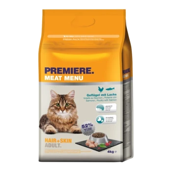 Hundefuttertasche mit der Aufschrift 'Premiere Meat Menu' mit einer flauschigen Katze, die 'Haar + Haut Erwachsene' und 'Geflügel mit Lachs' zeigt.