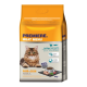 Hundefuttertasche mit der Aufschrift 'Premiere Meat Menu' mit einer flauschigen Katze, die 'Haar + Haut Erwachsene' und 'Geflügel mit Lachs' zeigt.
