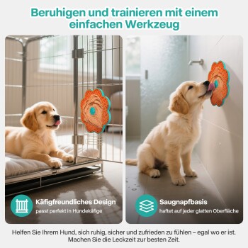 Welpe leckt an einer orangefarbenen, blumenförmigen Leckmatte, befestigt an Box und Wand; deutsche Überschrift 'Beruhigen und trainieren'.