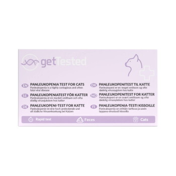 Hellviolette 'getTested'-Schachtel mit der Aufschrift 'Panleukopenia test for cats' in mehreren Sprachen, mit Symbolen für Schnelltest, Kot und Katzen